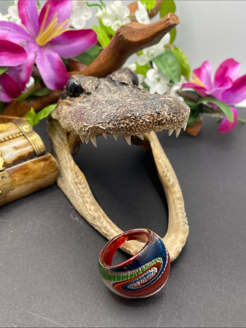 Blown glass dichroic ring size 9